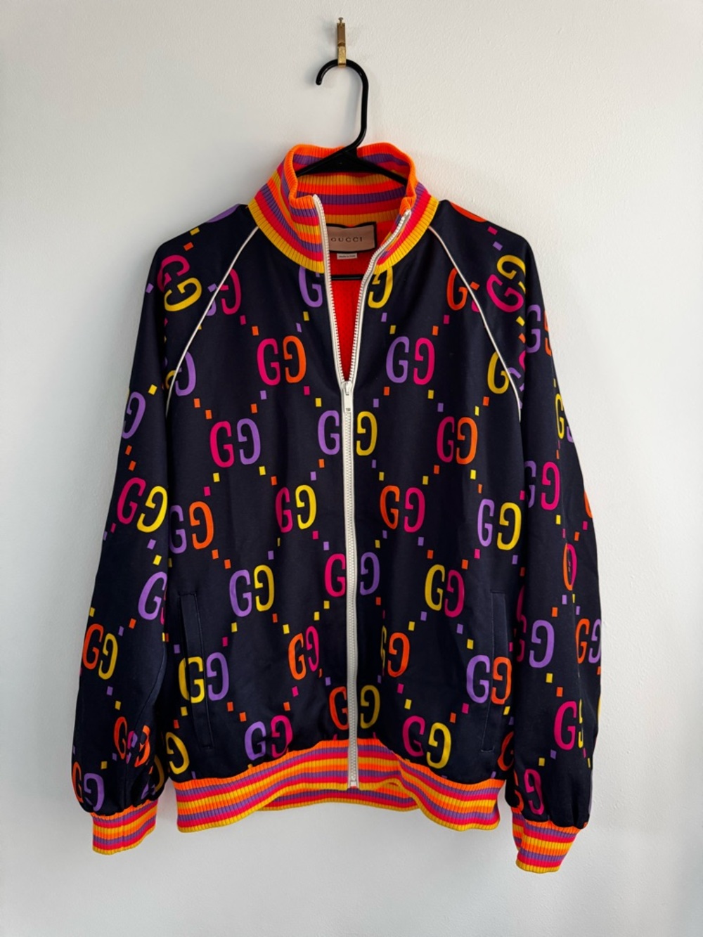 Gucci Black Multicolor GG Logo Zip-Up Jacket